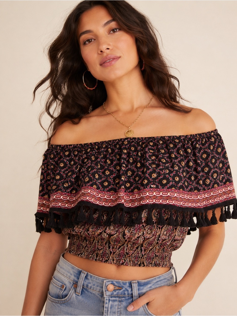 Anthropologie Raga XS NWT Boho Paisley Fringe Off Shoulder Crop Top Festival